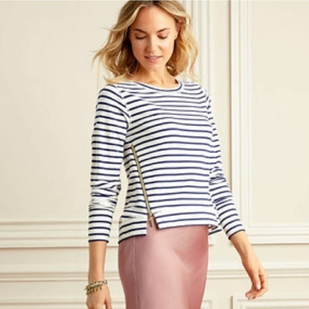 Stella & Dot Crush It Stripe Sweatshirt Top Zip Hem L Navy Blue Off White